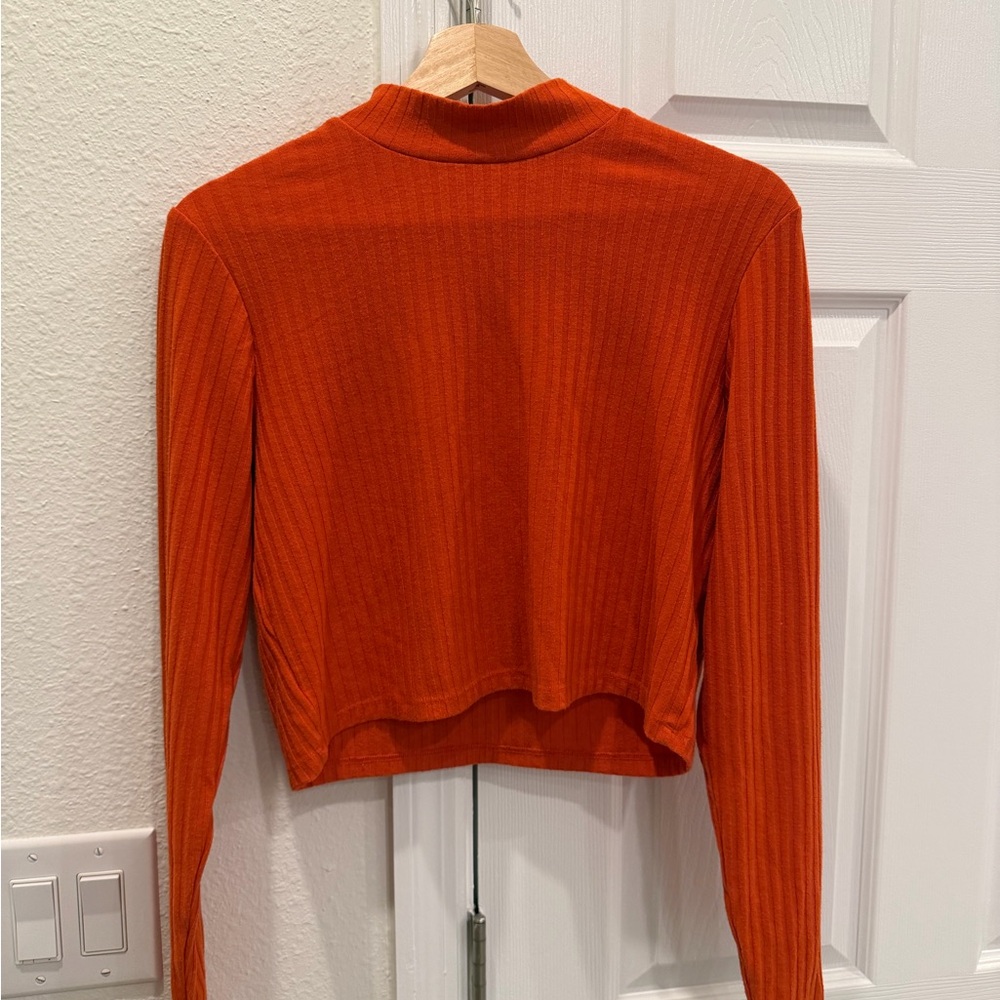 Women's Long Sleeve Ribbed Mock Neck Top - Rust Orange